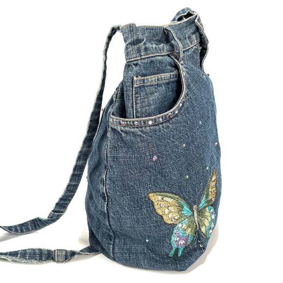 VTG Denim Handbag Bag Embroidered Tote Shoulder Jean Purse BOHO HIPPIE Handmade - Picture 5 of 11